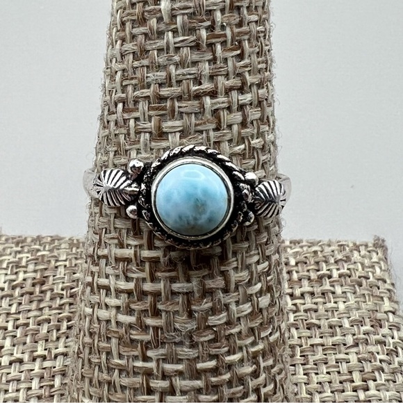 New Blue Larimar Stone Boho Silver Overlay Ring Size 7.5 - Picture 2 of 8